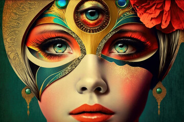Obraz premium Psychedelic woman portrait with golden accessories and esoteric symbols. Generative AI
