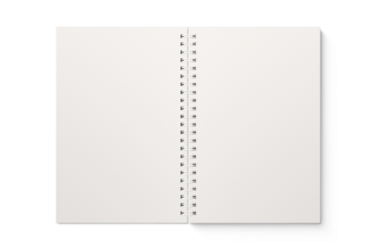 Spiral bound notebook mockup template with white paper cover isolated on a transparent background, PNG. High resolution.
