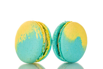 Two confectionery products, sweet macaroons, macro, isolated on white background.