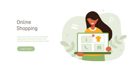 Shopping illustration concept. Woman makes purchases through mobile version of application or website in online store. Shopping creative flat vector.