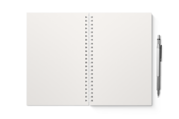 Spiral bound notebook mockup template with white paper cover isolated on a transparent background, PNG. High resolution.
