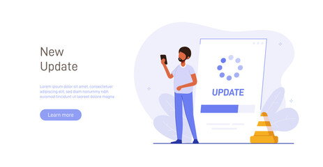 System or web application upgrade procedure. Concept of software version update or renewal process indication. Man and phone. Flat colorful vector illustration for banner, poster.  - obrazy, fototapety, plakaty