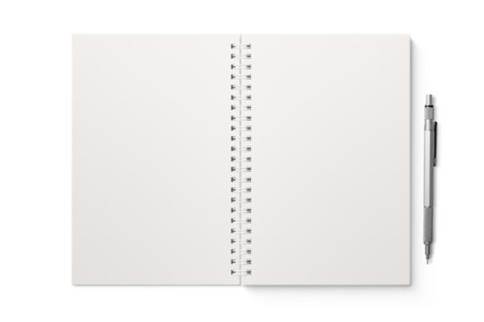 Spiral bound notebook mockup template with white paper cover isolated on a transparent background, PNG. High resolution.