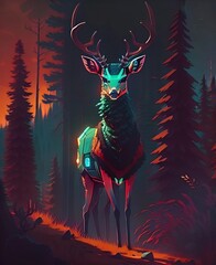 cyberpunk deer in a pine forest