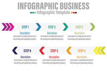 6 Steps Modern Timeline diagram with arrows presentation vector infographic. Infographic template for business. 