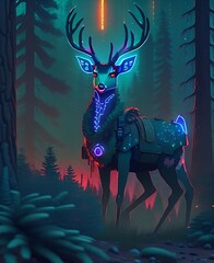 cyberpunk deer in a pine forest