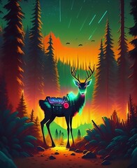 cyberpunk deer in a pine forest