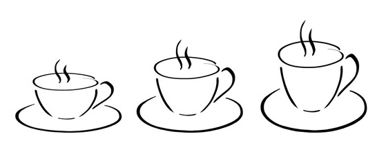 Cups of coffee or tea with hot aroma steam in freehand art drawing style, isolated on white background. Set of outline icon illustrations.