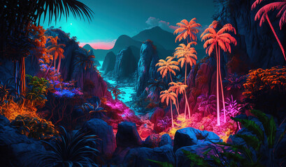 Tropical jungle in vibrant gradient neon colors. Synthwave rain forest. Generative AI