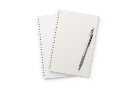 Spiral bound notebook mockup template with white paper cover isolated on a transparent background, PNG. High resolution.