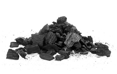 Pile of charcoal pieces isolated on a white background. Xylanthrax.