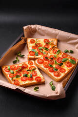 Delicious fresh toast or bruschetta with tomatoes, cheese, herbs, salt and spices