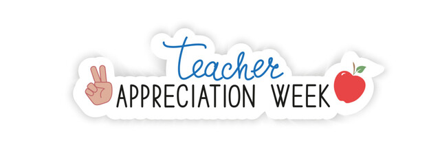 Teacher Appreciation Week school banner. Text, hand and red apple on a white background, vector.	