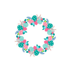 Easter flower wreath . Easter frame with decorated eggs and flowers and symbols of bright Easter