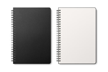 Spiral bound notebook mockup template with black paper cover isolated on a transparent background,...