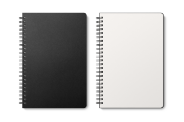 Spiral bound notebook mockup template with black paper cover isolated on a transparent background, PNG. High resolution.