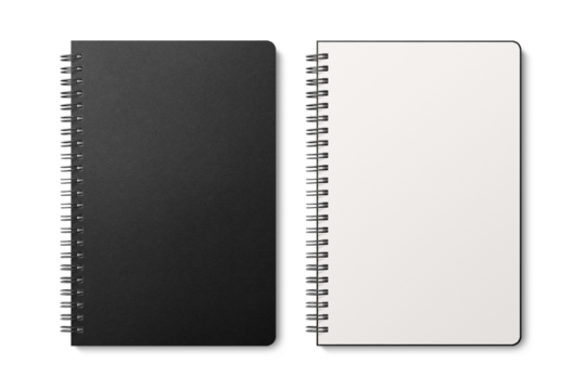 Spiral bound notebook mockup template with black paper cover isolated on a transparent background, PNG. High resolution.