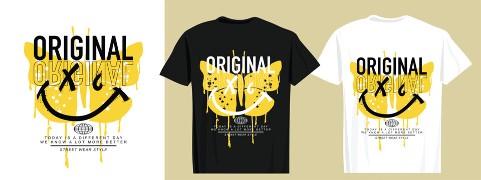 Retro grunge butterfly drawing, smiling emoji face, cool slogan text. Vector illustration design for fashion graphics, t-shirt prints.