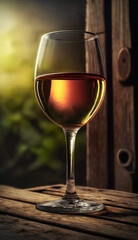 Photorealistic Glass of Rose Wine on the veranda table during golden hour on a rustic background. Vertical illustration. Generative AI - obrazy, fototapety, plakaty