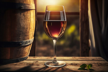 Photorealistic Glass of Red Wine during golden hour on a rustic background and window. Horizontal illustration. Generative AI