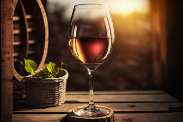 Photorealistic Glass of Red Wine with cork basket during golden hour on a rustic winery background. Horizontal illustration. Generative AI