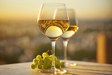 Two glasses of white wine with a bunch of grapes on a table overlooking the summer city during golden hour. Horizontal illustration. Generative AI - obrazy, fototapety, plakaty
