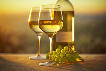 Bottle of white craft wine with two tasting glasses during golden hour on a sunset background. Horizontal illustration. Generative AI - obrazy, fototapety, plakaty