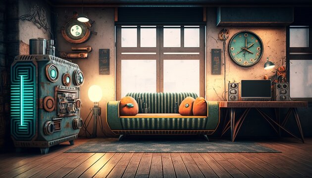 Futuristic sci-fi home interior with brick and metal walls and bright window lights and a retrofuturistic raypunk television screen generative ai