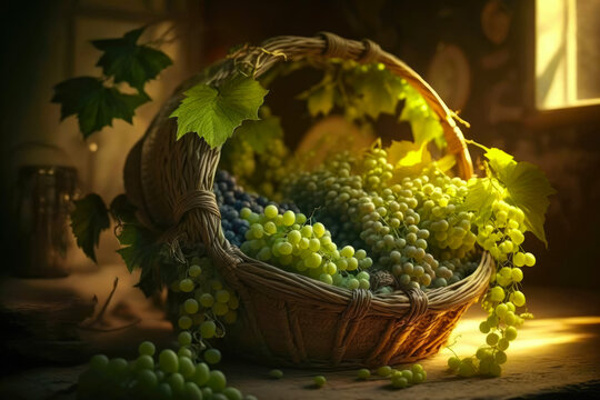 Basket with freshly picked bunches of grapes near a window on the right with sunlight during golden hour on a rustic background. Horizontal illustration. Generative AI
