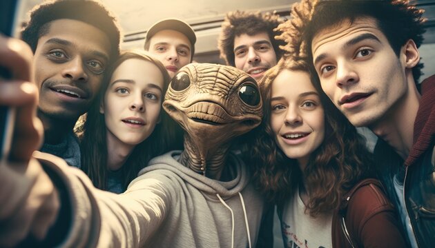 Group of teenagers taking a selfie with an extraterrestrial visitor. Generative AI