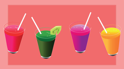 Tasty fresh, four drinks of different fruits and vegetables. Healthy eating