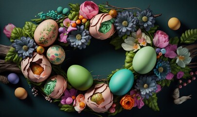 Fototapeta na wymiar a wreath made of eggs and flowers on a dark background. generative ai