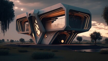 Neo-futuristic house with volumetric lightings and unreal engine from the future