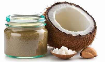 Fototapeta na wymiar a jar of coconut oil next to a coconut and a coconut shell. generative ai
