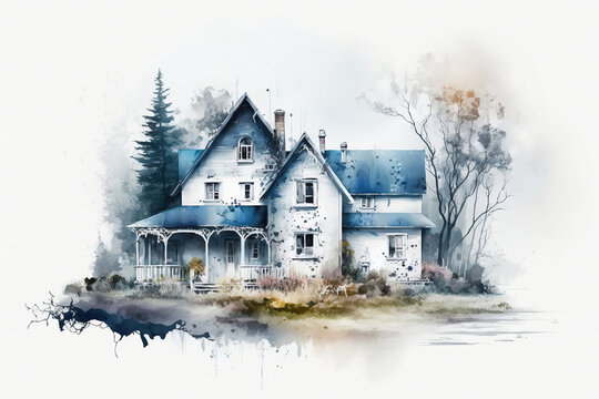 Watercolor old house, illustration generative ai