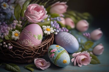Easter eggs and pink flowers flowers in a basket, close-up - Generative Ai