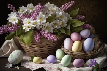 Obraz na płótnie Canvas Easter eggs and spring flowers in baskets - Generative Ai