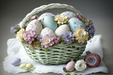 Fototapeta na wymiar Easter eggs and spring flowers in a white basket, delicate colors - Generative Ai