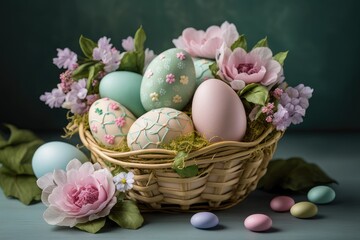 Fototapeta na wymiar Easter eggs in a basket with flowers - Generative Ai
