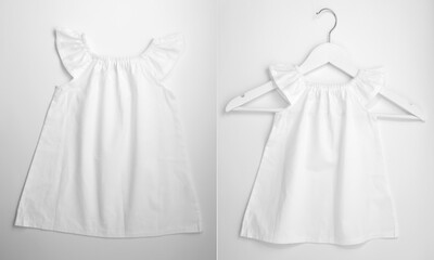 Mockup of white baby cotton dress on white background. Layout mock up ready for your design preview. Dress on a white hanger