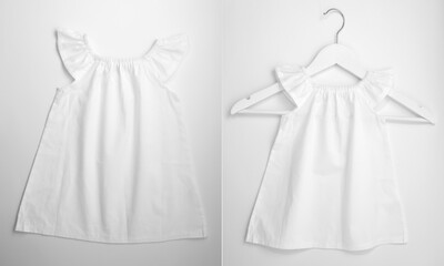Mockup of white baby cotton dress on white background. Layout mock up ready for your design...