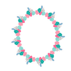 Easter flower wreath . Easter frame with decorated eggs and flowers and symbols of bright Easter