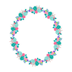Easter flower wreath . Easter frame with decorated eggs and flowers and symbols of bright Easter