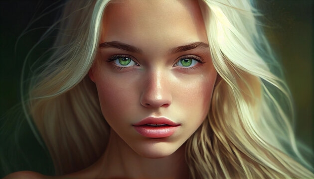 Portrait of a woman, beautiful green eyed Scandinavian blonde. AI generated.