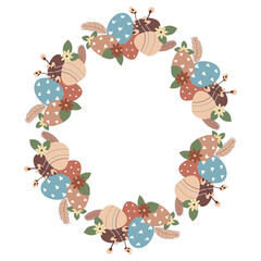 Easter flower wreath . Easter frame with decorated eggs and flowers and symbols of bright Easter