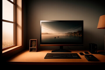 monitor on computer table. Generative AI