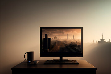 monitor on computer table. Generative AI