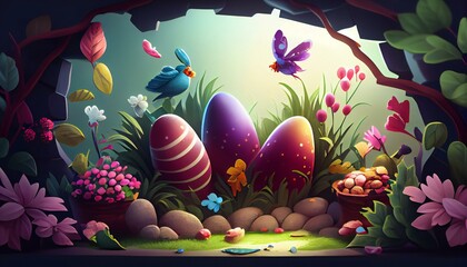 Obraz na płótnie Canvas Background for easter art, ux design. Colourful easter eggs and flowers. Ai generative illustration. 