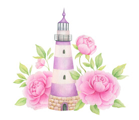 Watercolor lighthouse with flowers. Pink peony. Cute nautical symbol, logo. Summer travel illustration for stickers, posters, cards, prints
