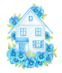 Заголовок: Cute house facade with flowers. Watercolor hand painted illustration isolated on white background. Cottage with blue pansies. Illustration for post card, print, poster, sticker